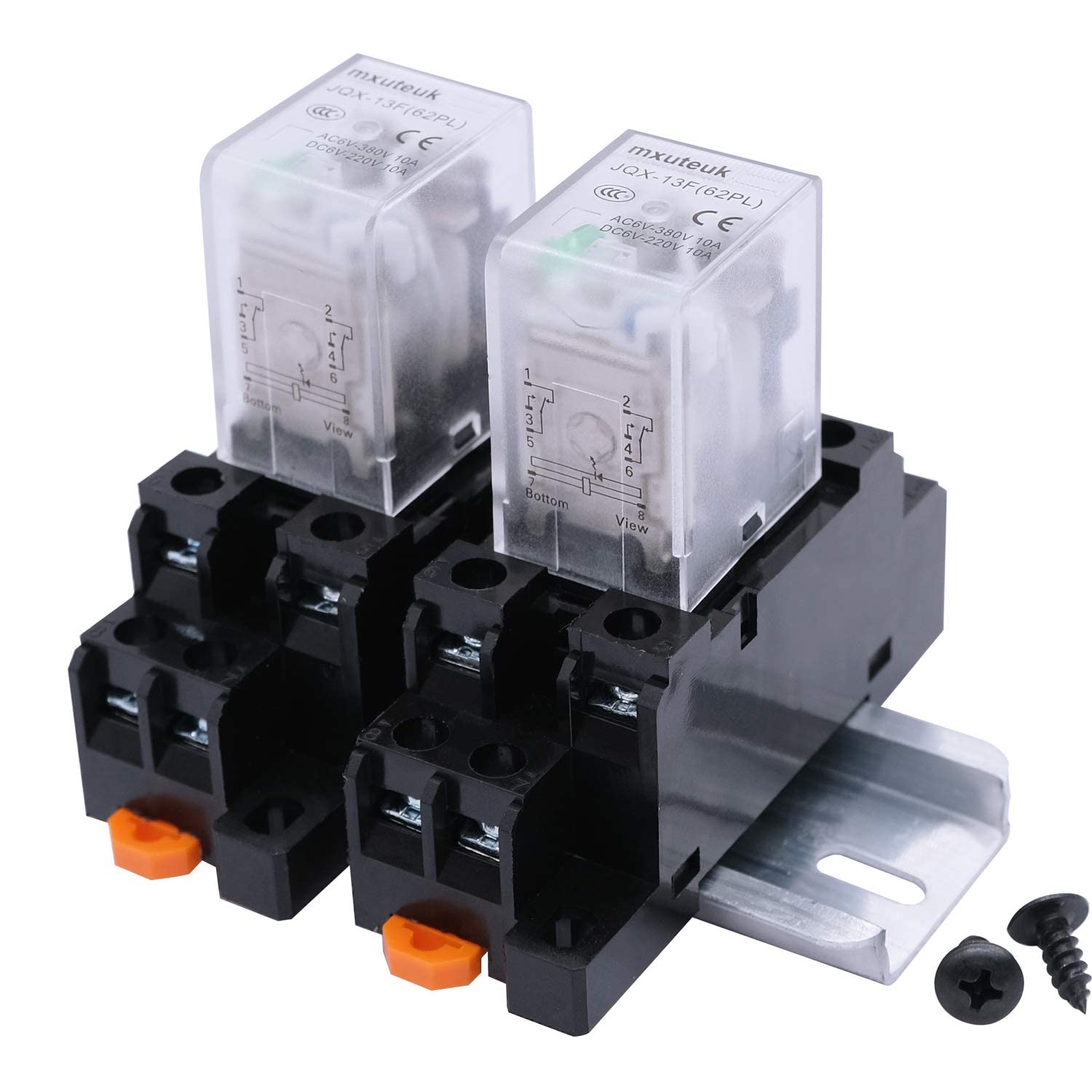 mxuteuk 2pcs HH52P AC 220V LED indicator Electromagnetic Power Relay 8 Pin 5A Coil Relays DPDT With Socket Base,with DIN Slotted Aluminum Rail