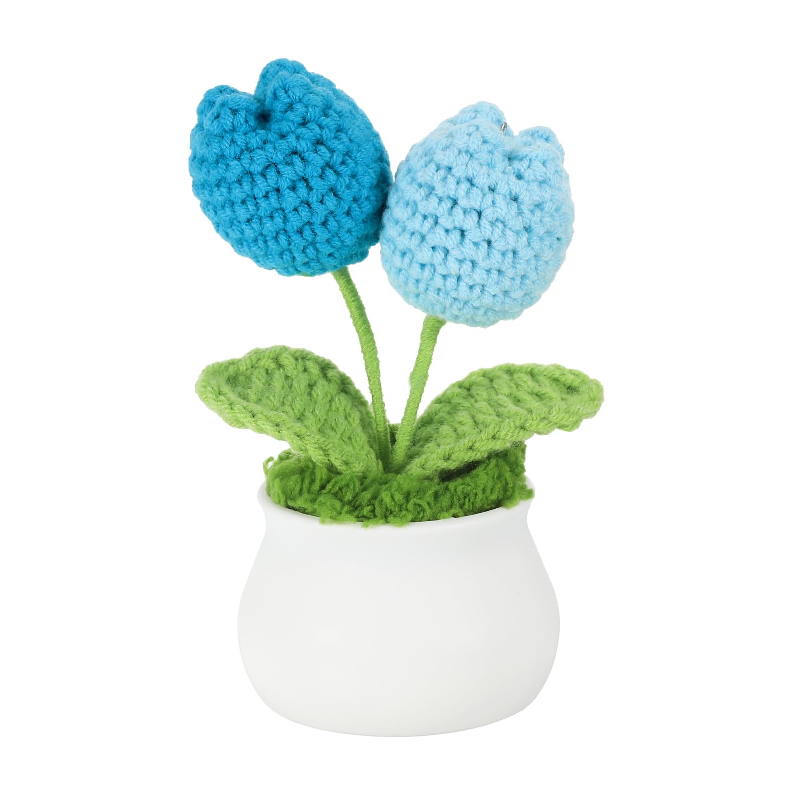 PATIKIL Crochet Flowers Potted, Tulips Flowers Handmade Knitted Mini Potted Plants Knitting Artificial Flowers for Valentine's Gifts Home Office Tables Decoration, Double Blue