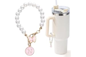 LUHOHI Accessories for Stanley Cup Pearl Chain Initial Accessoriess for Handle Stuff Decor Water Bottle Jewelry Tumbler Cute Simple Modern Personalized Name ID Decorations Letter Pink Tag N