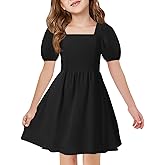 Haloumoning Girls Puff Short Sleeve Summer Dress Kids Casual Square Neck A-Line Smoked Dresses 5-14 Years