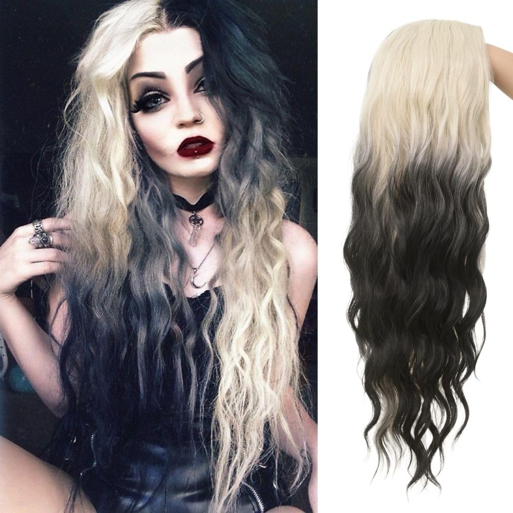 Siudus White and Black Wigs for Women Long Curly Wavy Hair Wig Synthetic Natural Middle Part Wig for Halloween Cosplay Use — image 1