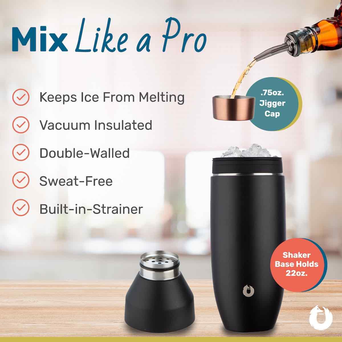 Snowfox Premium Vacuum Insulated Stainless Steel 22oz Cocktail Shaker and 4 Martini Glass Set, Home Bar Accessories, Elegant Drink Mixer, Leak Proof Lid & Built In Strainer, Gift Box, Black/Gold