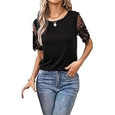 Womens Round Neck Lace Short Sleeves Casual Blouse Tee Shirt Summer Loose Fit Tops