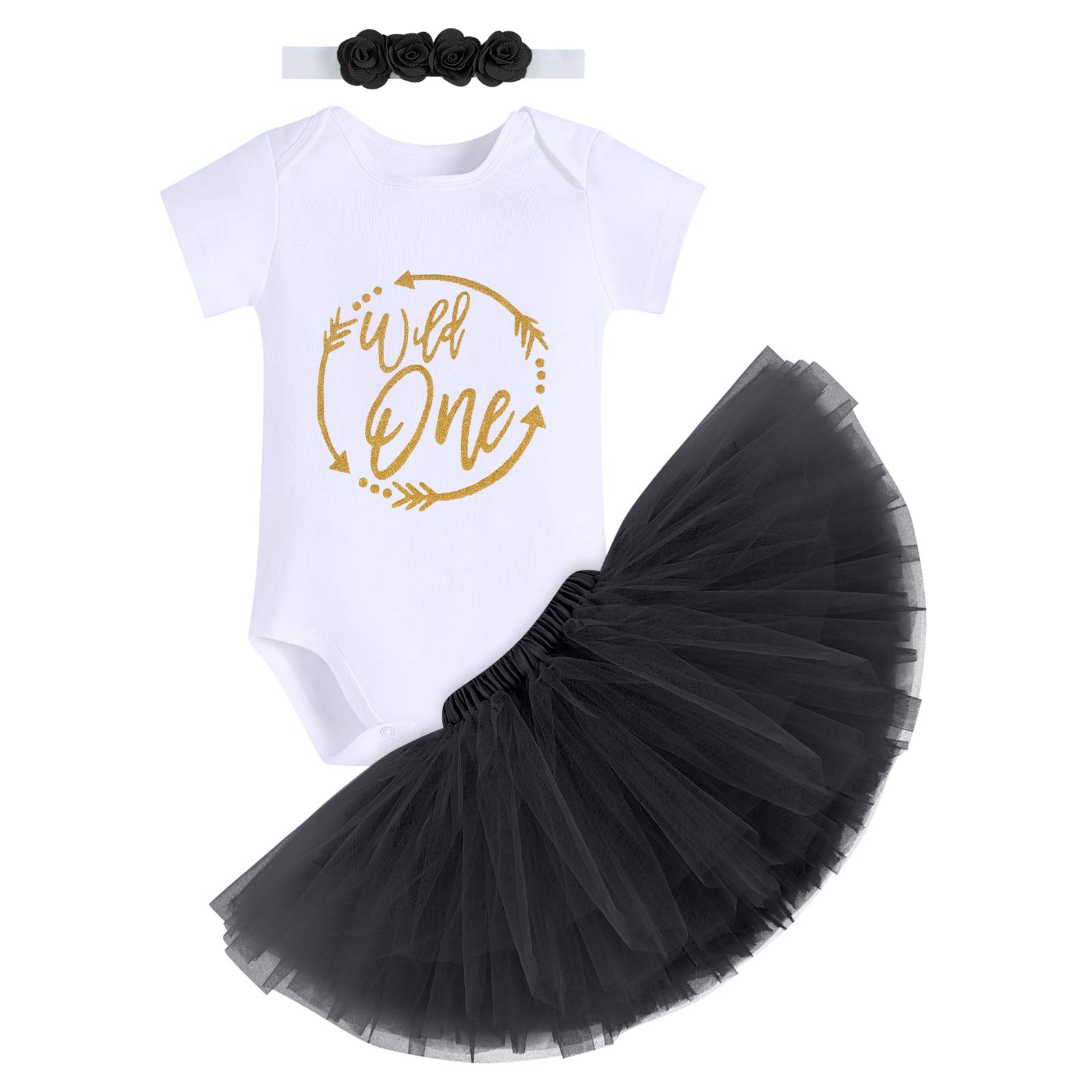FYMNSI Infant Baby Girl Wild One First 1st Birthday Cake Smash Outfit Cotton Short Sleeve Romper Vest T Shirt + Tutu Skirt + Flower Headband 3pcs Party Pageant Photography Clothes Set Black