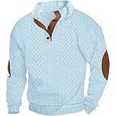 Lexiart Mens Casual Knitted Pullover Sweater Long Sleeve Stand Collar Vintage Button Sweaters with Elbow Patches