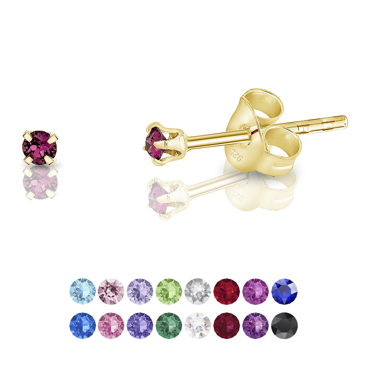DTPSilver - 925 Sterling Silver Yellow Gold plated Round TINY Stud Earrings made with Glittering Crystals from Swarovski® Elements - Diameter: 2 mm - Colour : Purple Amethyst