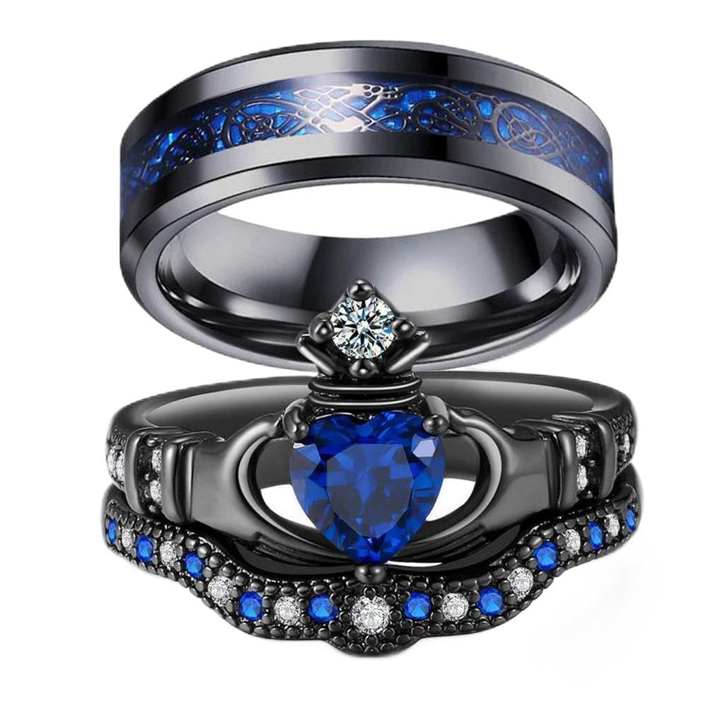 Anillo de pareja Conjunto nupcial Su suyo Anillo Claddagh negro Forma de corazón Rhinestone Apilamiento Anillo irlandés Anillo de boda de acero inoxidable Banda