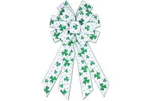 Hying Large St. Patrick's Day Bows for Wreath, Glitter Green Shamrock Ribbon Bow White Burlap Wreath Bows Irish Holiday Tree Topper Bows for Front Door Saint Patrick's Day Decorations Supplies