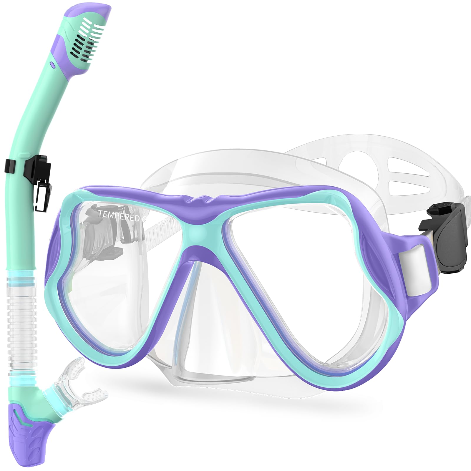 Photo 1 of Greatever Snorkeling Gear for Kids, Dry Snorkel Set Panoramic View Snorkel Mask, Anti-Fog Scuba Diving Mask for Kids Youth Age 6-14, Unisex Swimming Goggles (Purple Green)