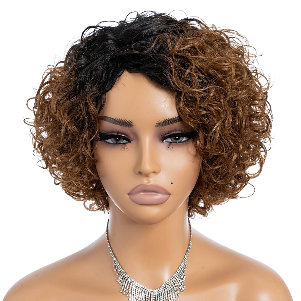 Rebecca Fashion Short Curly Human Hair Wigs for Black Women Cute Curly Bob Wig Side Part Non Lace Glueless Wigs Brazilian Remy Natural Looking Ombre Natural Color to Honey Brown