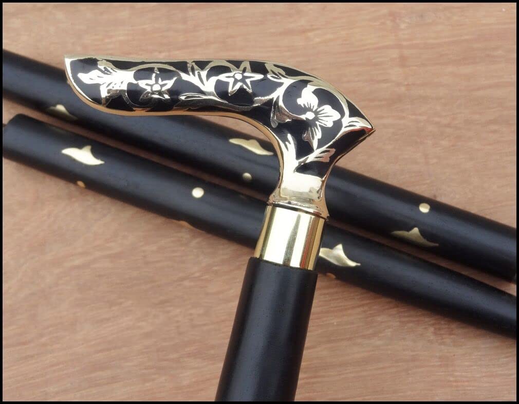 Brass Handle Victorian Telescope Foldable Wooden Walking Stick Cane Ideal Vintage Gift Men Women Father/Mother (Black Victorian)