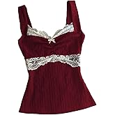 Sunloudy Women Coquette Grunge Tank Tops Vintage Aesthetic Lace Trim Camisole Ribbed Knit Slim Fit Fairy Shirt Clothes