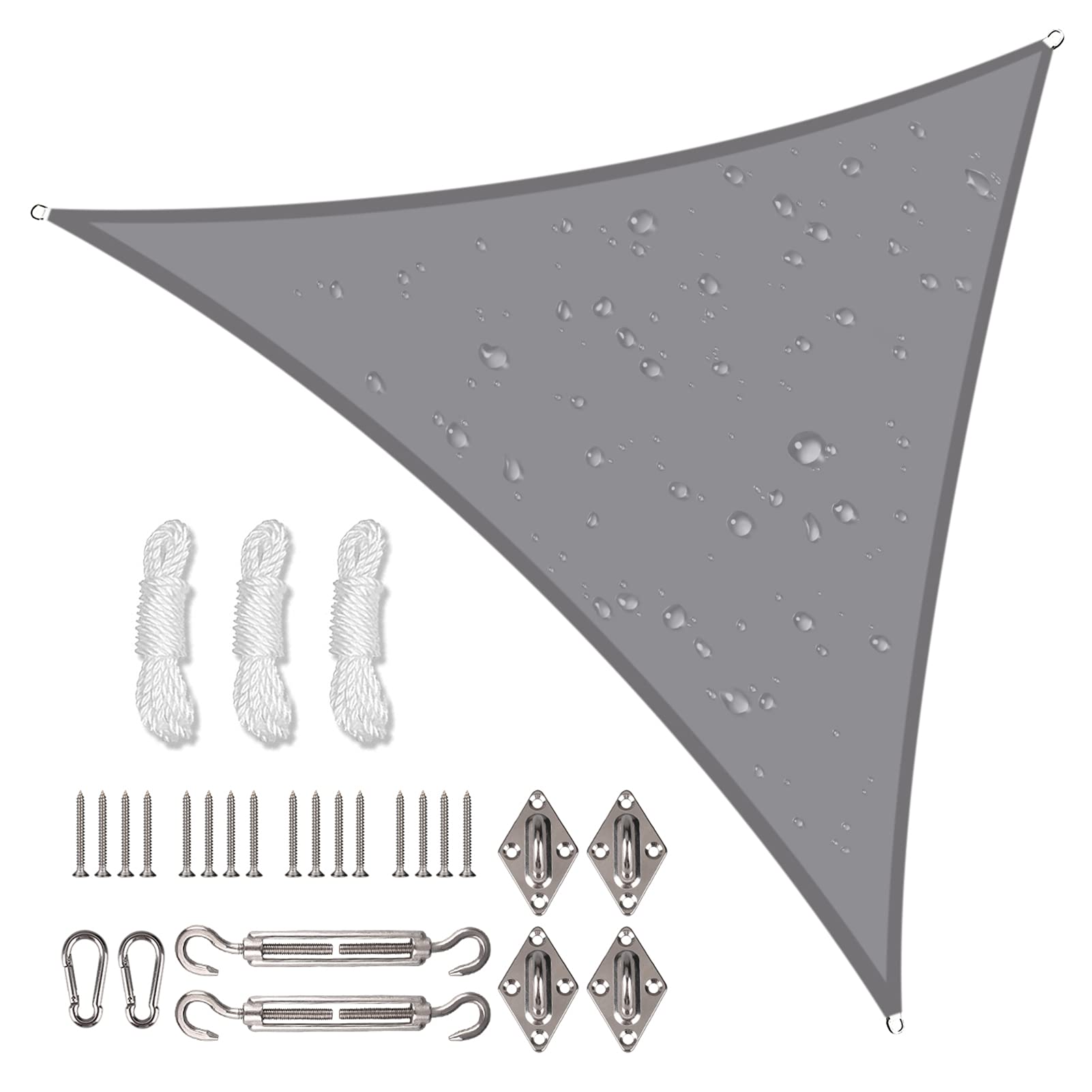 NAKIHOUSE Waterproof Shade Sail with Rope Fixing Kits, 3x3x3m Triangle Sun Shade Sail 98% UV Block Awning Canopy for Garden Patio (Light Grey)