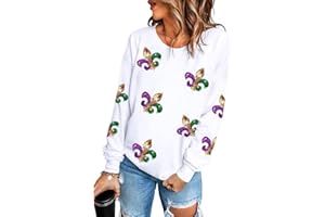 Ecosunny Women's Casual Holiday Mardi Gras Sweatshirt Print Round Neck Long Sleeve Pullover Tops