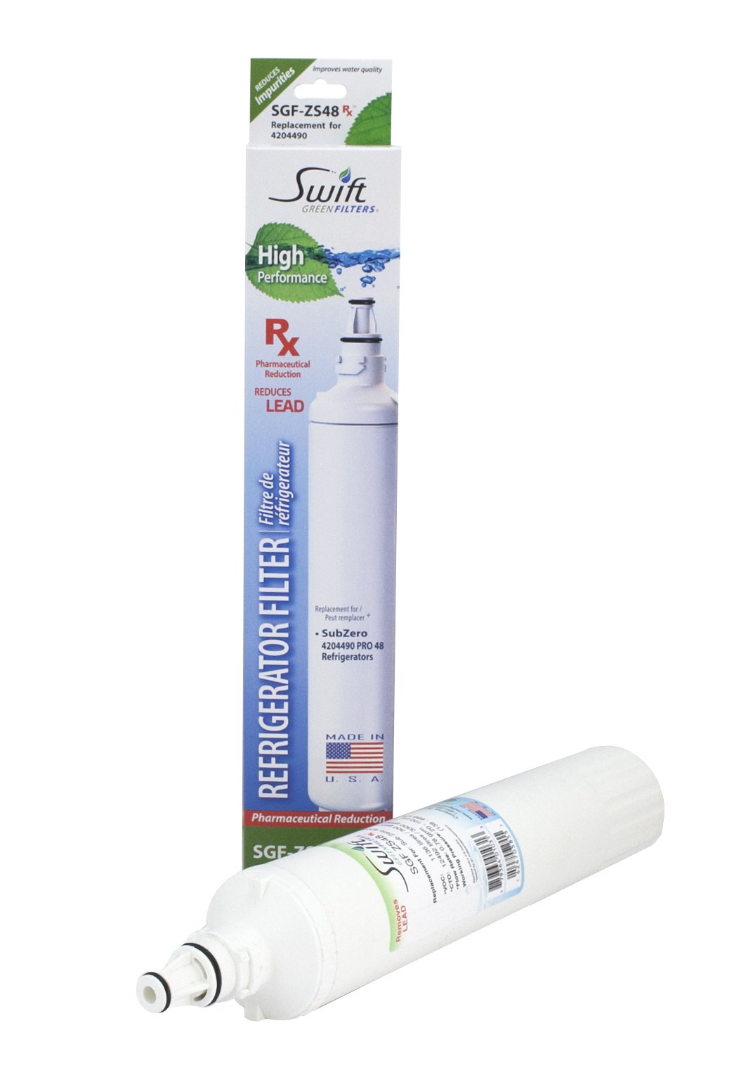 Swift Green Filters SGF-ZS48 Rx Pharmaceutical Replacement Water Filter for Sub-Zero 4204496,4290510, 4204490,EWF-8003A,Pro 48 Refrigerators (1pack), Carbon/Charcoal, White