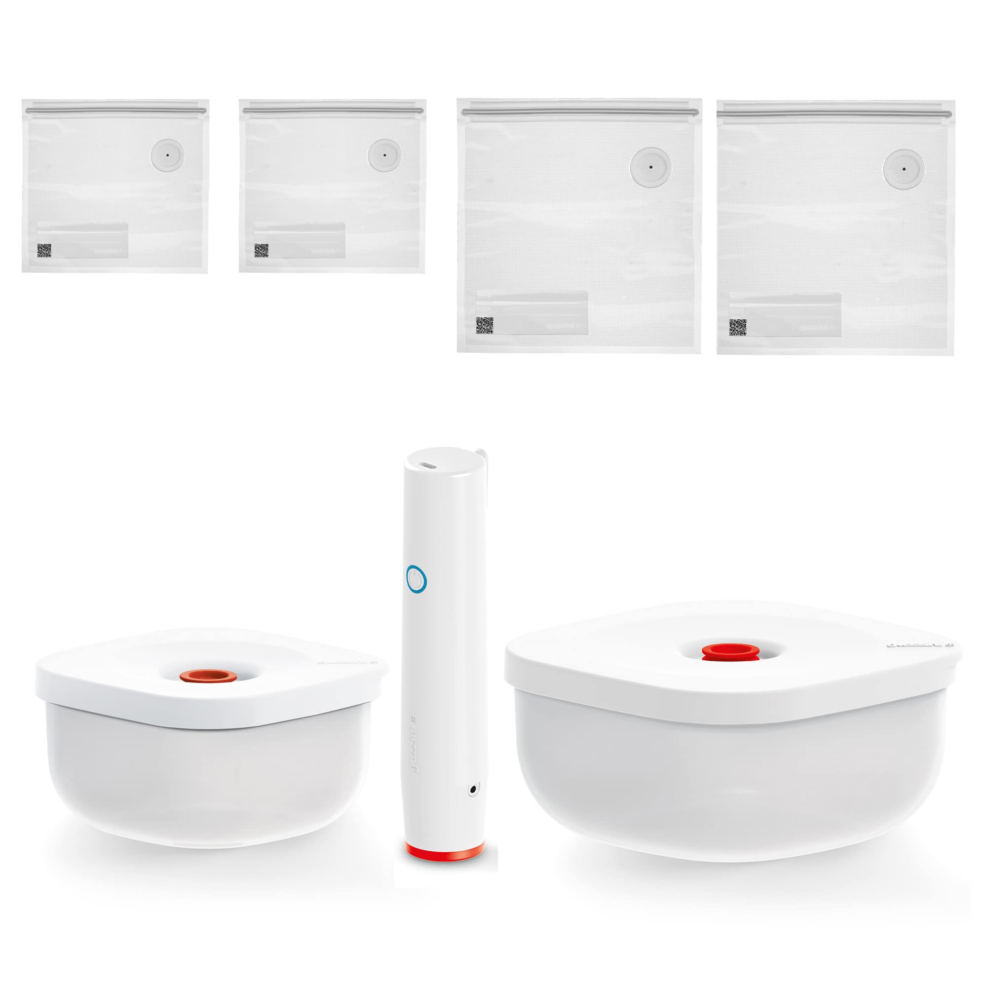 Guzzini - Save IT Vacuum Set: 450/975cc Containers, Pump, 2 Small/2 Large Bags, Gift Box - White, 20 x 20 x h10 cm