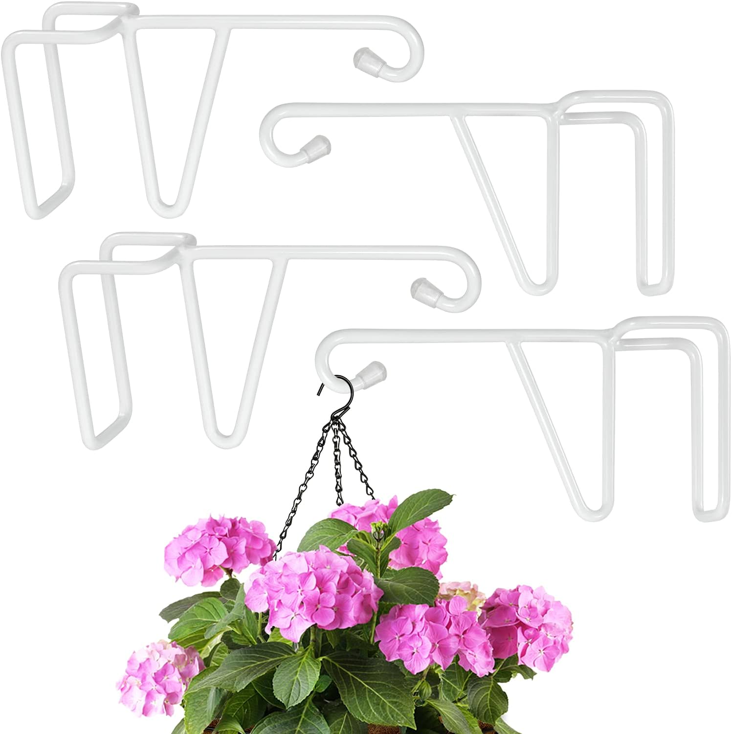 Outdoor Hanging Brackets - Vinyl Fence Hooks, Patio Hangers Decorative White Powder Coated Steel Fence Hangers Suitable for Hanging Flower Baskets - Wind Chimes - Planters - Bird Feeders -Lights (4 Pack-White)