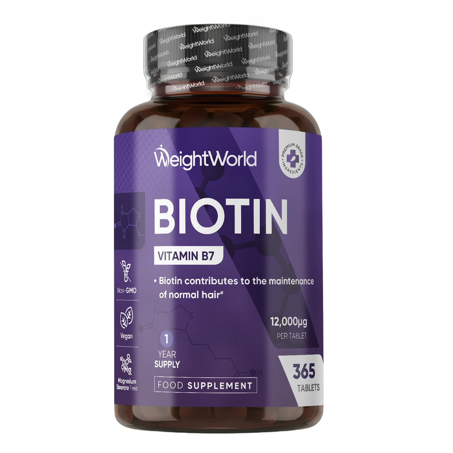 Biotin Tablets - 365 Vegan Tablets - 1 Year Supply - 1 Tablet per Day - 12000mcg Biotin Supplements - Travel-Friendly, Non-GMO & Magnesium Stearate-Free Vitamin B7 Supplement