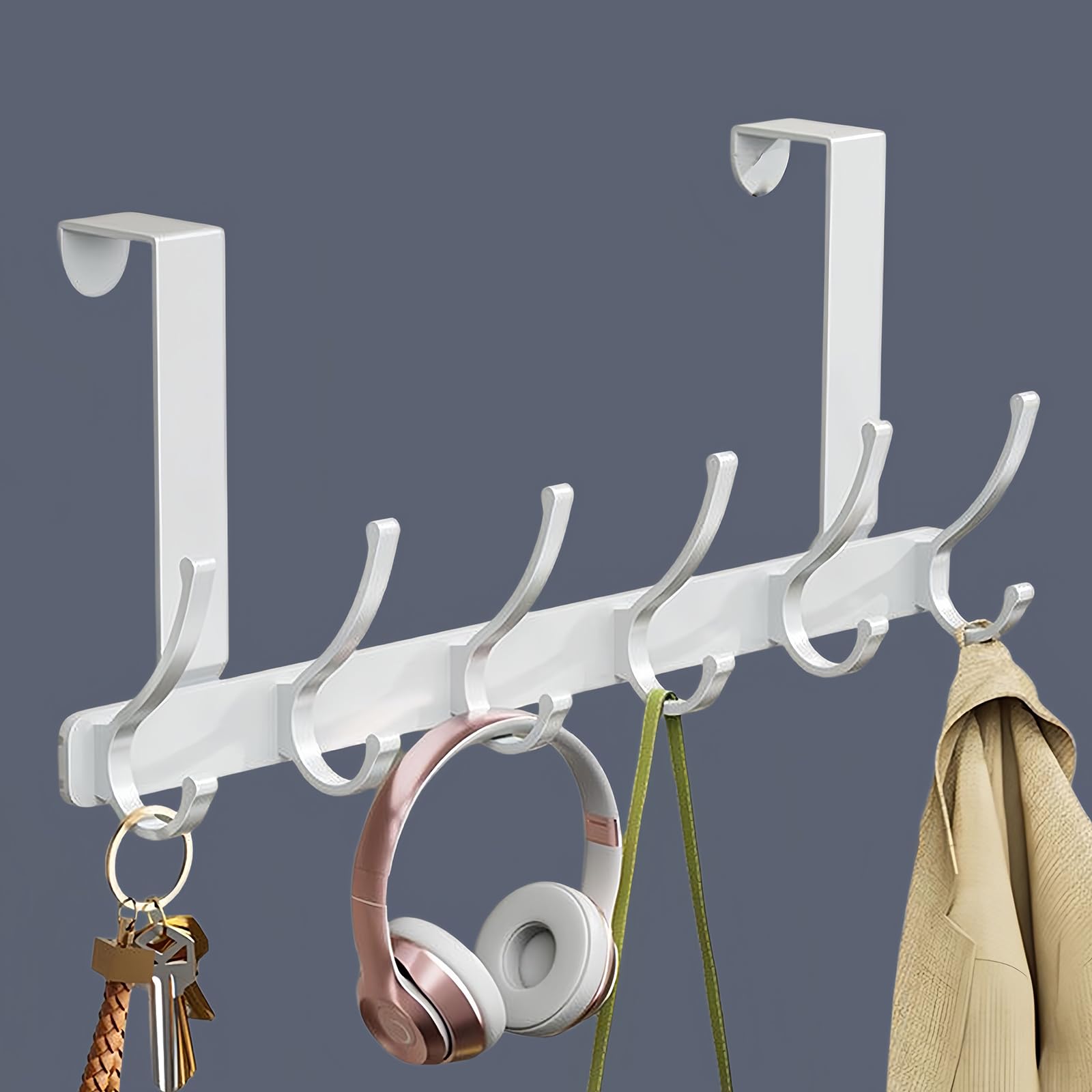 AMAHAY Over Door Hanger, Heavy Duty Over Door Hooks Stainless Steel Over Door Coat Hooks, Space Saving Over Door Organizer Rack Door Hanger Storage for Hanging Coats, Towels - 6 Hooks (White)