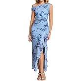 HTZMO One Shoulder Floral Wedding Guest Long Dress Summer Formal Elegant Ruffled Slit Bodycon Maxi Dresses for Women