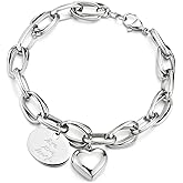 COOLSTEELANDBEYOND Stainless Steel Rolo Chain Bracelet with Dangling Puff Heart and Disc, Polished, Womens