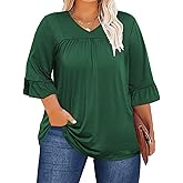 ForHailey Women's Plus Size Tops 3/4 Ruffle Sleeve Shirt V Neck Pleated T Shirt Tunic Blouse Loose Fit 1X-5X