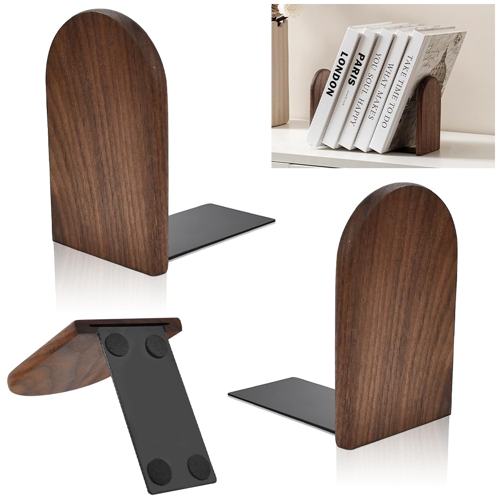 HEKOBAG 1 Pair Book Ends, Walnut Wood Bookends, Non-Slip Bookends, Heavy Duty Wooden Bookend Support Natural Walnut Book Stopper L-Shaped Book Ends for Shelves Home Office and Library(Round Head)