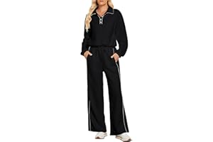 GRAPENT Sweatsuits Two Piece Sets for Women High Wasited Wide Leg Pants Fleece Button Pullover Sweatshirt Lounge Outfits