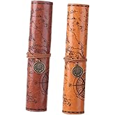 ARTIBETTER 2pcs Vintage Roll up Pen Bag Pu Leather Pencil Case with Treasure Map Design Large Capacity Organizer Pouch for Stationery and Makeup Brushes