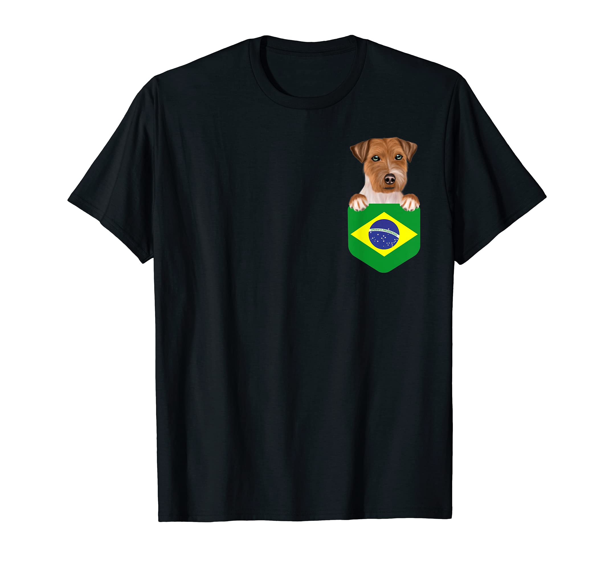 Brazil Flag Russell Terrier Dog In Pocket T-Shirt