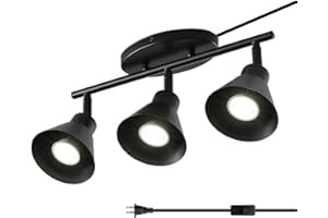 vivihobb Black 3 Light Plug in Track Lighting Kit,Modern Plug in Ceiling Light Fixture,14.7ft Cord,On/Off Switch,4 Way Ceiling Spot Lighting,Flexibly Rotatable Light Head (Bulbs Not Included)