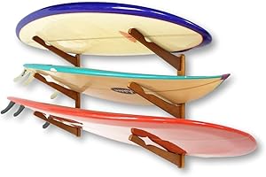 COR Surf Wooden Surfboard Wall Mount for Surf Boards, Snowboards, Skateboards, Kiteboards and Wakeboards, Triple Tier Surf Board Display Holder, Made of Sustainable Bamboo (24 x 4 x 4 Inches)