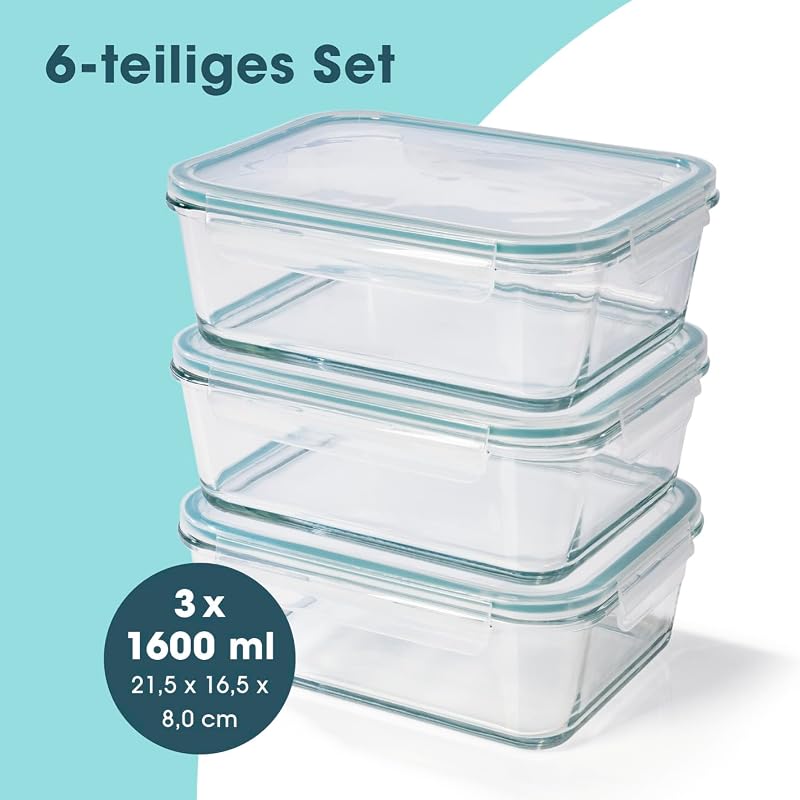 Klick-It - Fiambreras de cristal (3 unidades, 1,6 L, apto para lavavajillas, microondas y congelador)