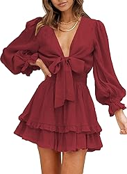 AlvaQ Womens Sexy Deep V Neck Mini Dress Tie Front