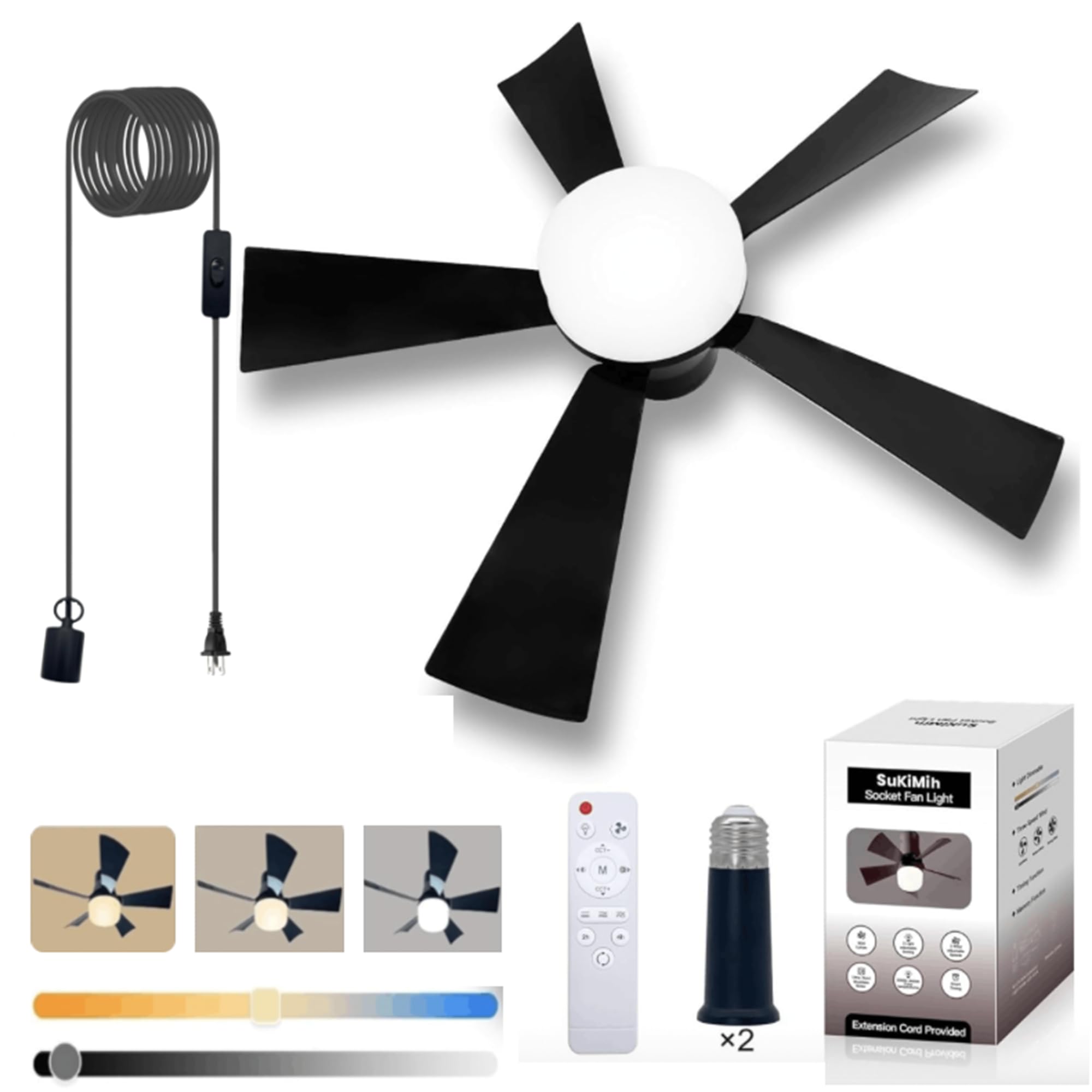 Photo 1 of SUKIMIH Socket Fan Light, 20.5", Plug in Ceiling Fan, Gazebo Fan, Outdoor/Indoor 2 Versions, 16.4 Ft Cord with Hook UL Listed, Ceiling Light with Remote (black)