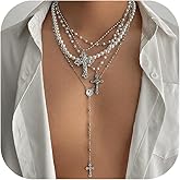 Long Necklace for Women Trendy Dainty Layered Necklace Y-Shaped Pendant Necklace 14k Gold Plated Silver Layered Pearl Beaded & Cross Chain Drop Necklaces Adjustable Jewelry Gift