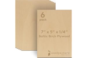 6 mm Baltic Birch Plywood 1/4 x 5 x 7 Inch, Pack of 6 B/BB Grade Craft Wood, Stronger Than Basswood Sheets, for Laser, CNC Cutting and Wood Burning, by Woodpeckers