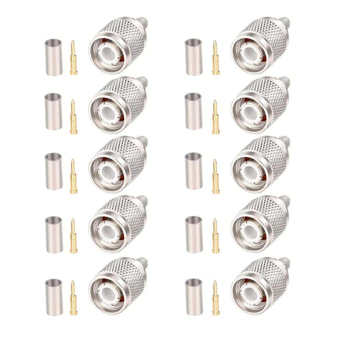 MOOKEERF TNC Male Connector 10PACK, Low Loss, Low SWR, TNC Male Plug Crimp Adapter for RG58, RG142, RG400, RFC195 Coaxial Cable, Compatible with Antenna, Radio, RF Communication Device