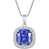 Inpasne Birthstone Necklace for Women 925 Sterling Silver Princess Cut Halo Necklace Pendant Jewelry Gifts for Her