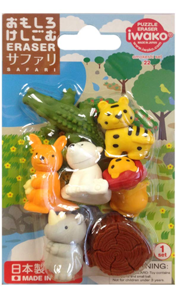 Novelty Japanese Puzzle Eraser Rubber Set - IWAKO Safari Animal Blister Pack - Contains 7 Erasers
