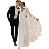 Fievlrs Long Sleeves Wedding Dresses for Bride Lace Chiffon A Line Long Beach Bridal Dress for Women