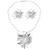 PATIKIL Silver Flower Jewelry Sets, Flower Earrings Necklace for Women,Earrings Floral Chokers Necklace Accessories Charms Prom Party Bridal Gifts,1set