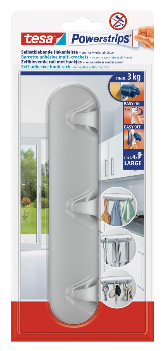 tesa Powerstrip Hook Rack - Matt-Chrome, Self Adhesive Wall Hook for Tiles, Glass, Wood, Plastic and Flat Surfaces - Easily Removable - Powerstrips Technology - Large
