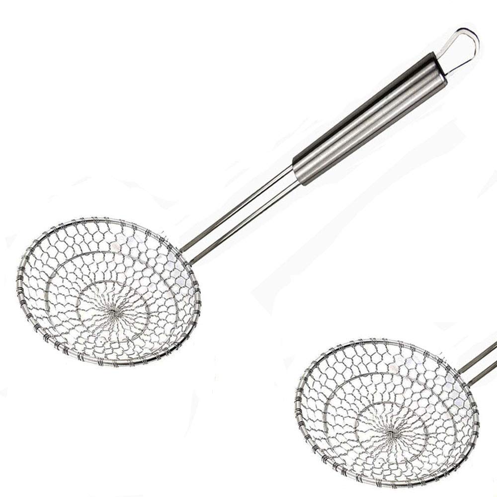 Kaixin Skimmer Spoon Fry Oil Mesh Strainer Stainless Steel Asian Metal Large Fat Fish French Round Slotted Ladle Deep Wire Basket Fine Grease Stir for Cooking with Long Handle Hot Pot Hinge Type