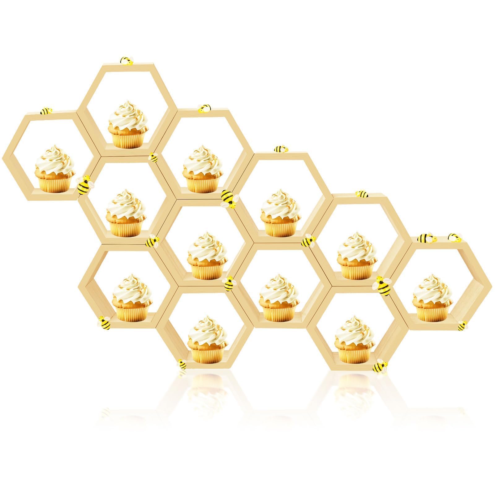 Photo 1 of 12 Pcs 4.13 Inch Honeycomb Cupcake Stand Cake Farmhouse Hexagon Display Holder Hexagonal Wood Cupcake Stand Floating Table Sign with Wooden Bee for Wedding Baby Shower Birthday Party Table Decorations