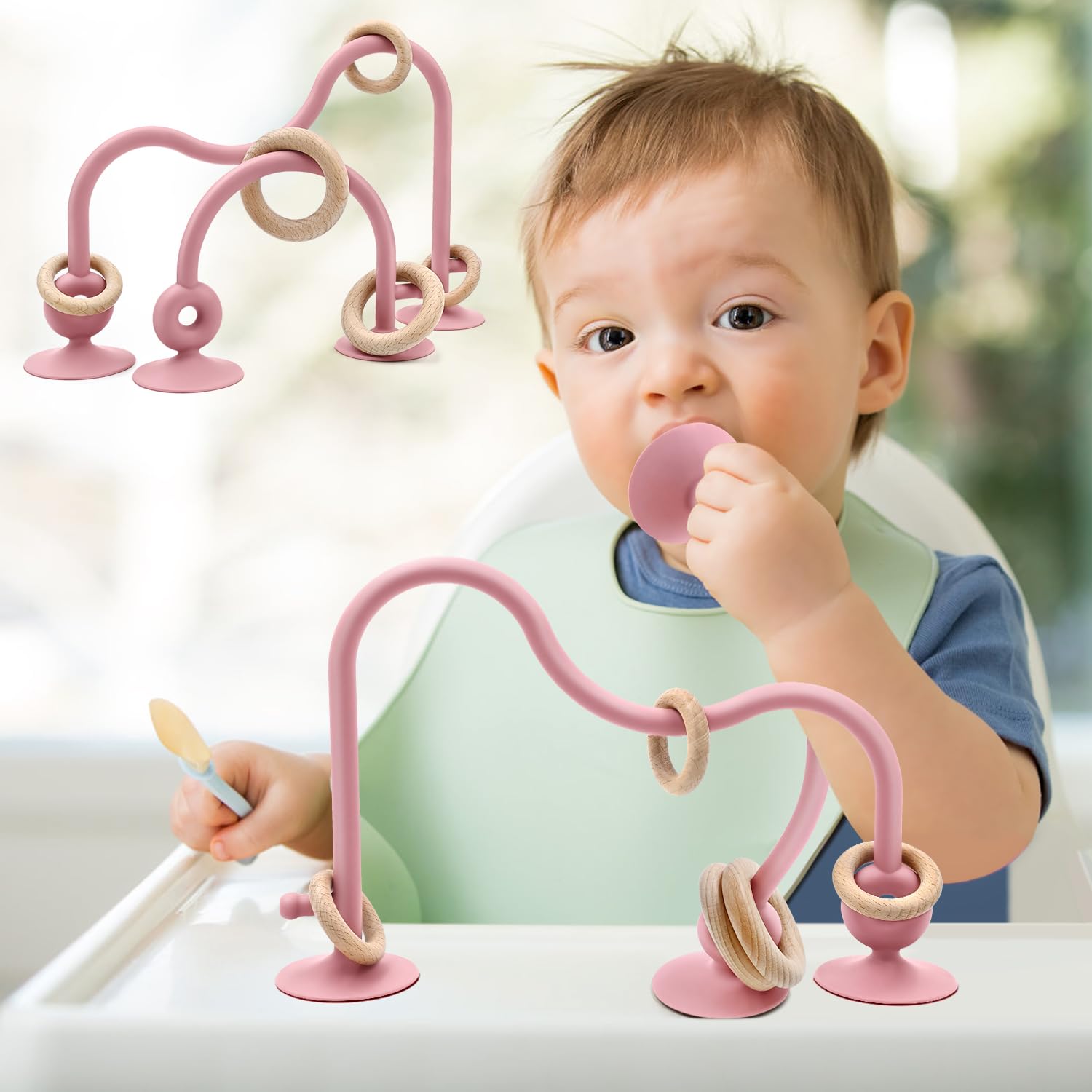 AiTuiTui Baby Toys, Multi Purpose High Chair Suction Toy for Toddler 6 8 9 12 Months, Sensory Toys with Wooden Ring Suitable for 1 2 Years Infant Gifts, Dark Red