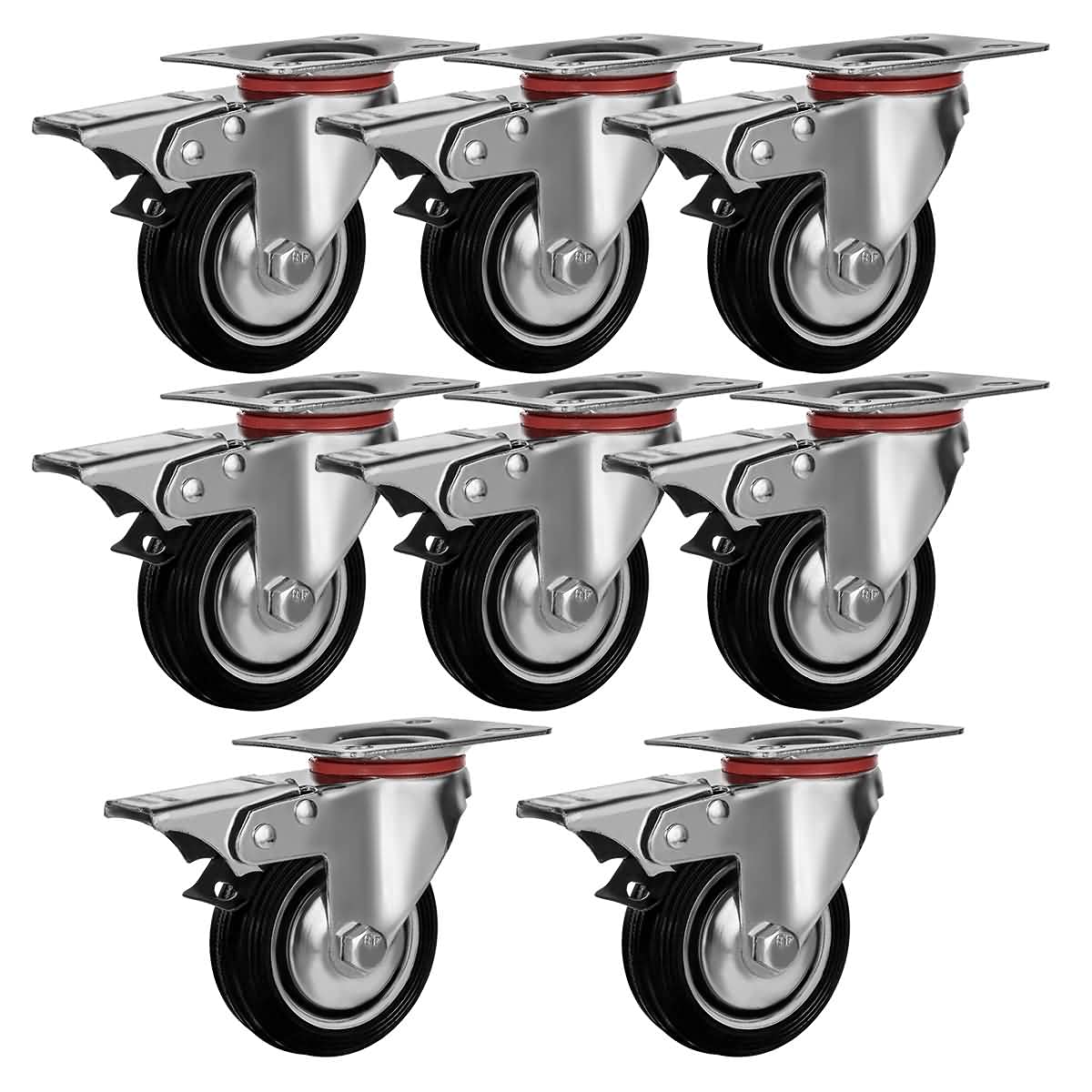 Pack of 8, 75mm up to 500KG Heavy Duty Castor Wheels Rubber Base with Brake - No Floor Marks Silent Castor for Furniture Trolleys