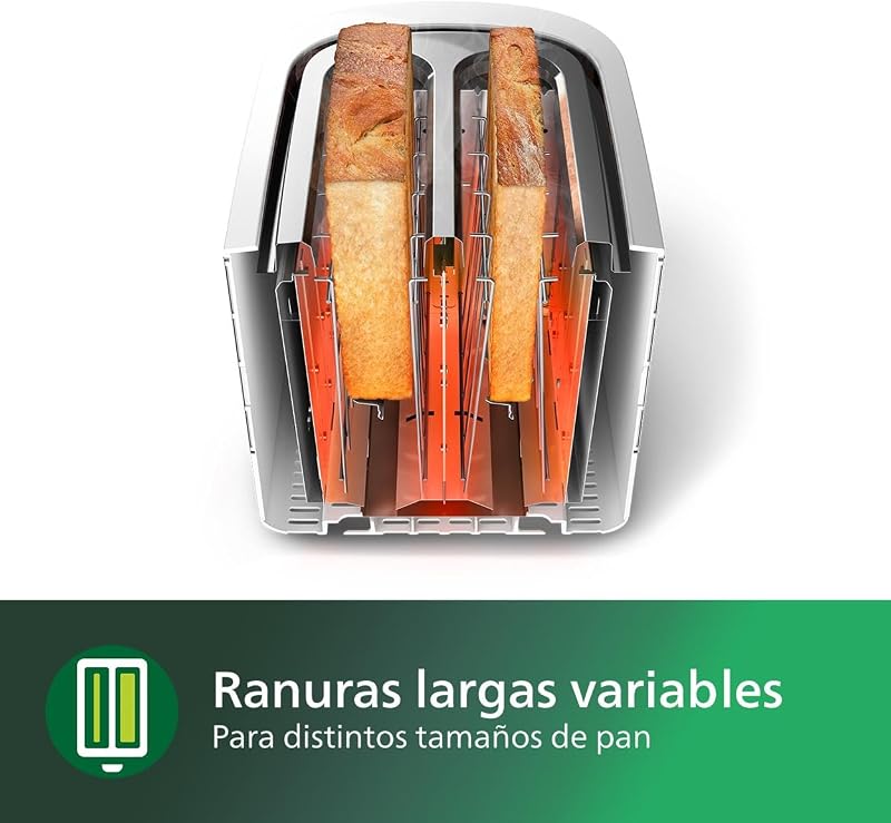 Tostadora de pan 2 Ranuras, 8 Ajustes, Calientabollos, Blanco