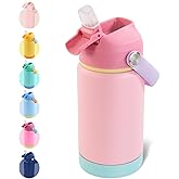 Kerilyn 12oz Insulated Water Bottle, Stainless Steel Insulated Kids Water Bottle, Toddler Cup with Straws Leak-Proof, Kids Water Bottles for School Boys Girls, BPA Free, Charm Pink