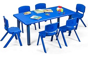 Costzon Kids Table and Chairs Set, 6 Pcs Stackable Chairs, 47 x 23.5 Inch Rectangular Plastic Activity Table Set for Children